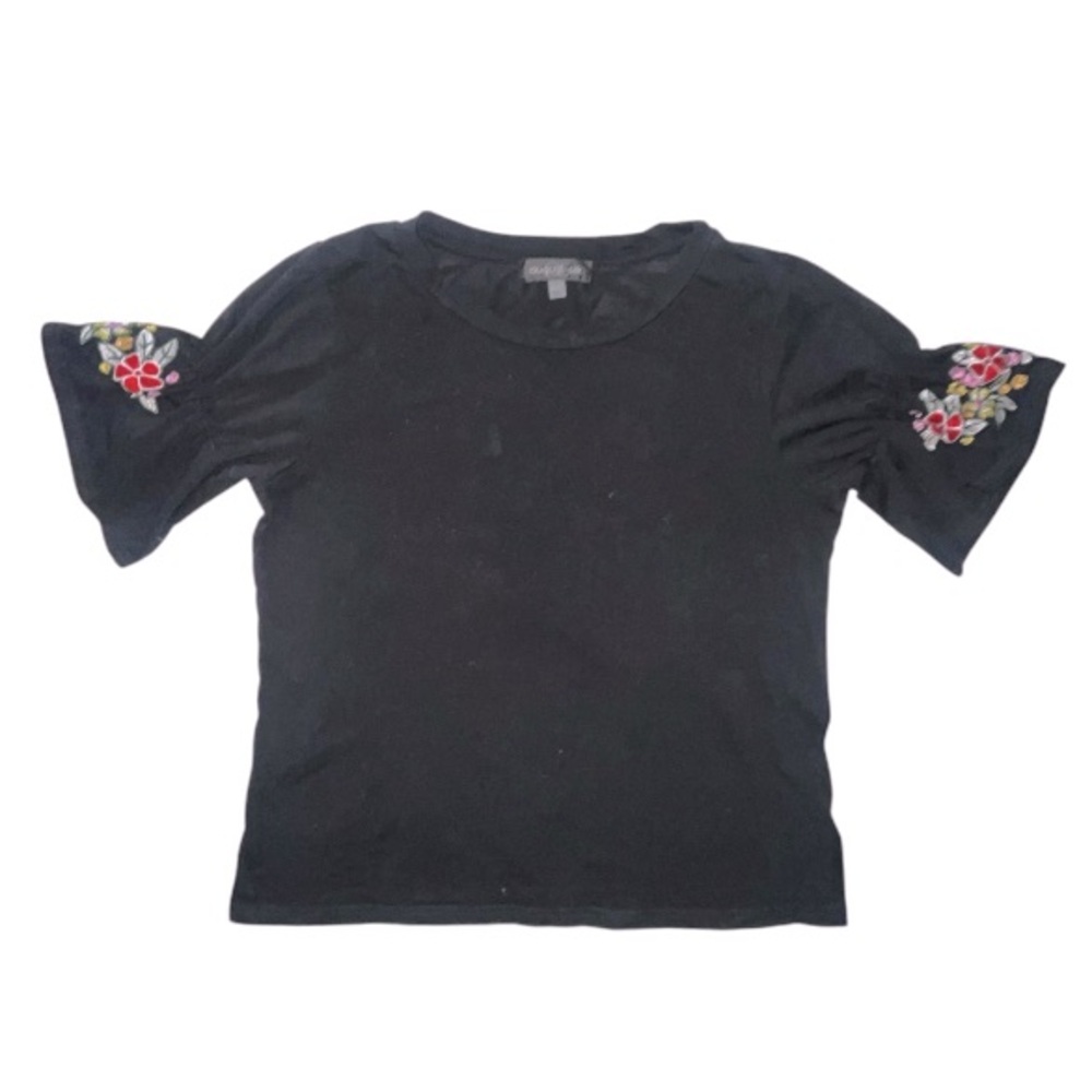 August Silk Floral Embroidered Short Sleeve Shirt Ruffles Black Size Large